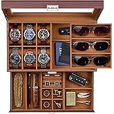 ProCase Mens Jewelry Box, Lockable 6 Slot Watch Case & 3 Slot Sunglasses Organizer, 2-layer Mens Jewelry Organizer Watch Box for Men, Watches Holder Display Storage Valentine Birthday Gifts -Brown