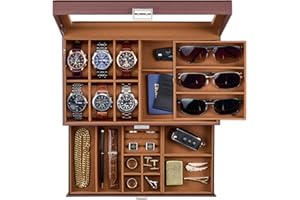 ProCase Mens Jewelry Box, Lockable 6 Slot Watch Case & 3 Slot Sunglasses Organizer, 2-layer Mens Jewelry Organizer Watch Box for Men, Watches Holder Display Storage Birthday Christmas Gifts -Brown