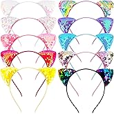 Chanaco Cat Ears Headbands 10Pcs Set Sequin Cat Headband Party Decorations Cute Glitter Hair Hoops Shiny Adult Gabby Headwear Halloween Costume Hair Accessories Favors Birthday Gifts