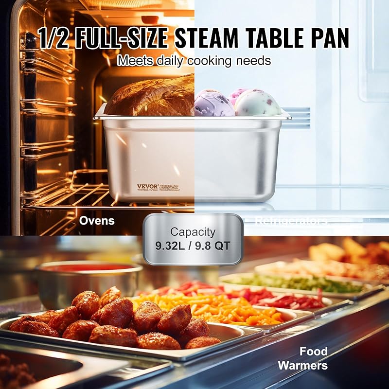 Bac Gastronorme GN 1/2 Lot de 6, Récipient Inox pour Bain-marie 0,8 mm d'Épaisseur, Bac Inox Alimentaire 14,8 cm Profondeur, pour Fours à Convection, Réfrigérateurs, Stockage, Restauration