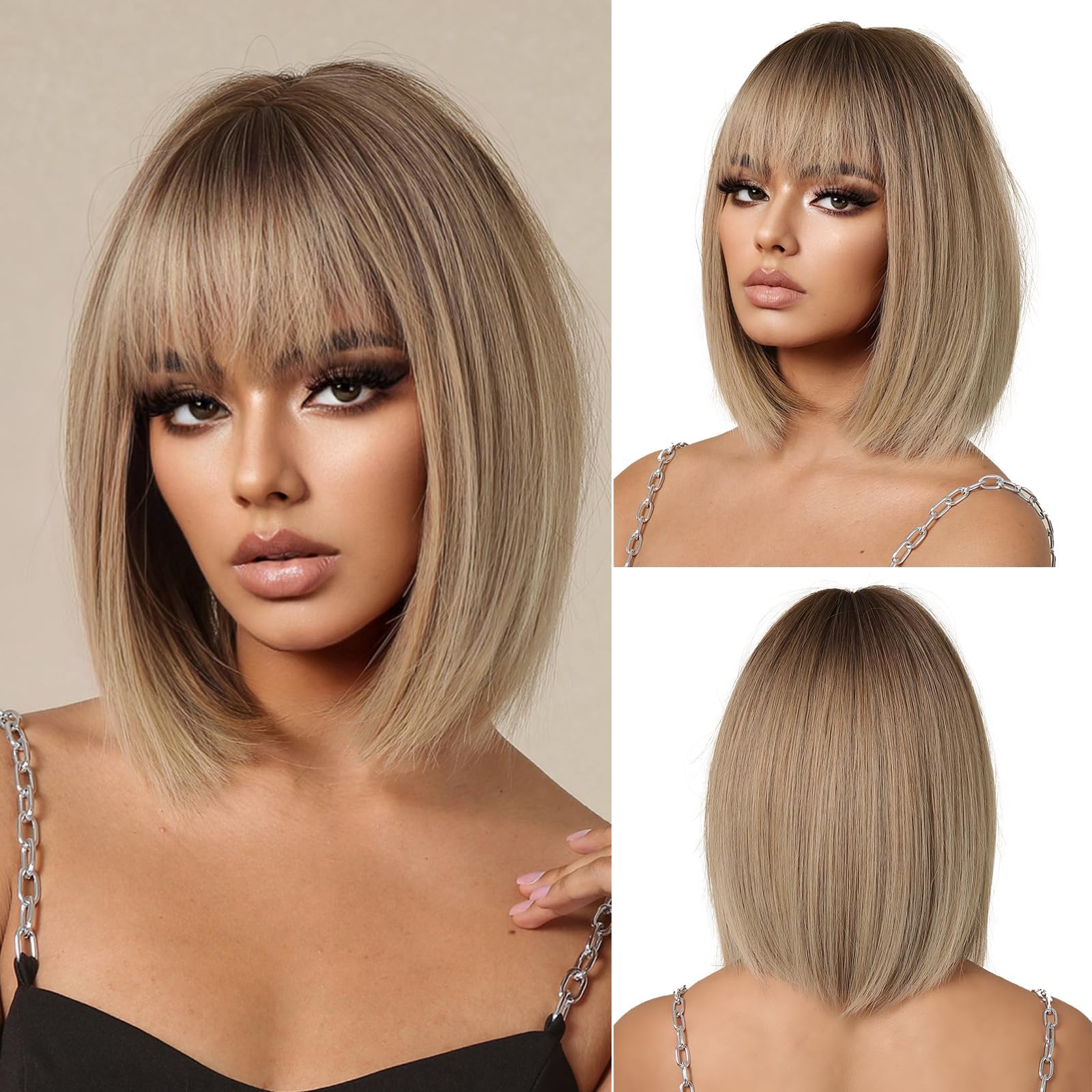 OUFEI Ombre Blonde Bob Wig With Bangs Short Straight Wig For Women Synthetic Hair Wigs for Daily Party Cosplay Wear โ image 1