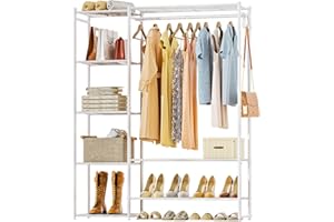 Neprock Clothing Racks for Hanging Clothes with Shelves, Portable Closet System Organizer Garment Rack for Clothes Storage, Metal Free Standing Wardrobe Clothes Organizer(White)