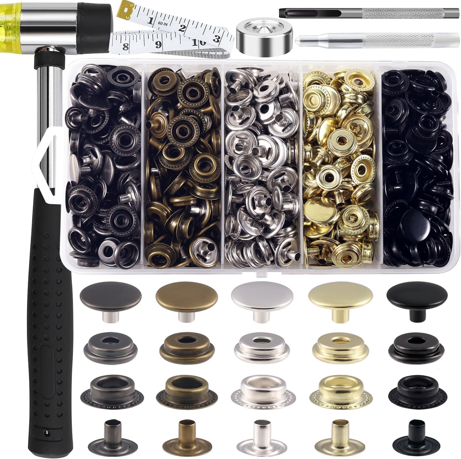 506PCS Stainless Steel Snaps, Heavy Duty Snap Fastener Tool, Canvas Snap Kit 5/8 inche Snap Fastener Kit, Snap Button Kit for Boat Cover, Repairing Boat Covers, Canvas, Sewing Tarps, Bag,Jeans,Clothes