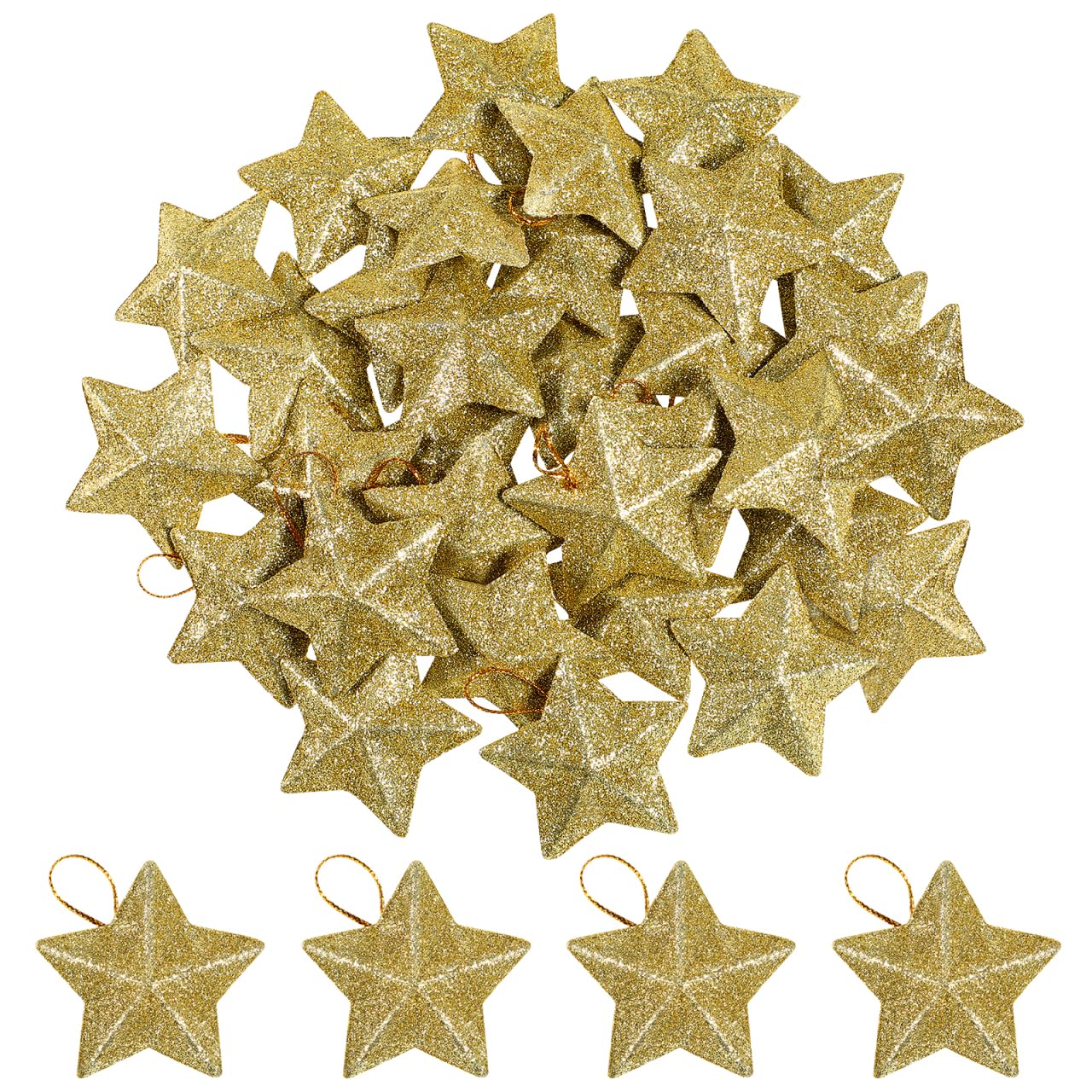 MAGICLULU 30 Pcs Mini Gold Glitter Star Hanging Ornaments Five Pointed Star Decoration for Christmas Tree Hanging Decoration
