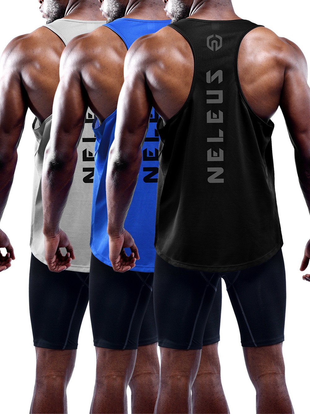 Photo 1 of NELEUS Men's 3 Pack Dry Fit Y-Back Muscle Tank Workout Gym Shirt,5031,Black,Grey,Blue,L   
