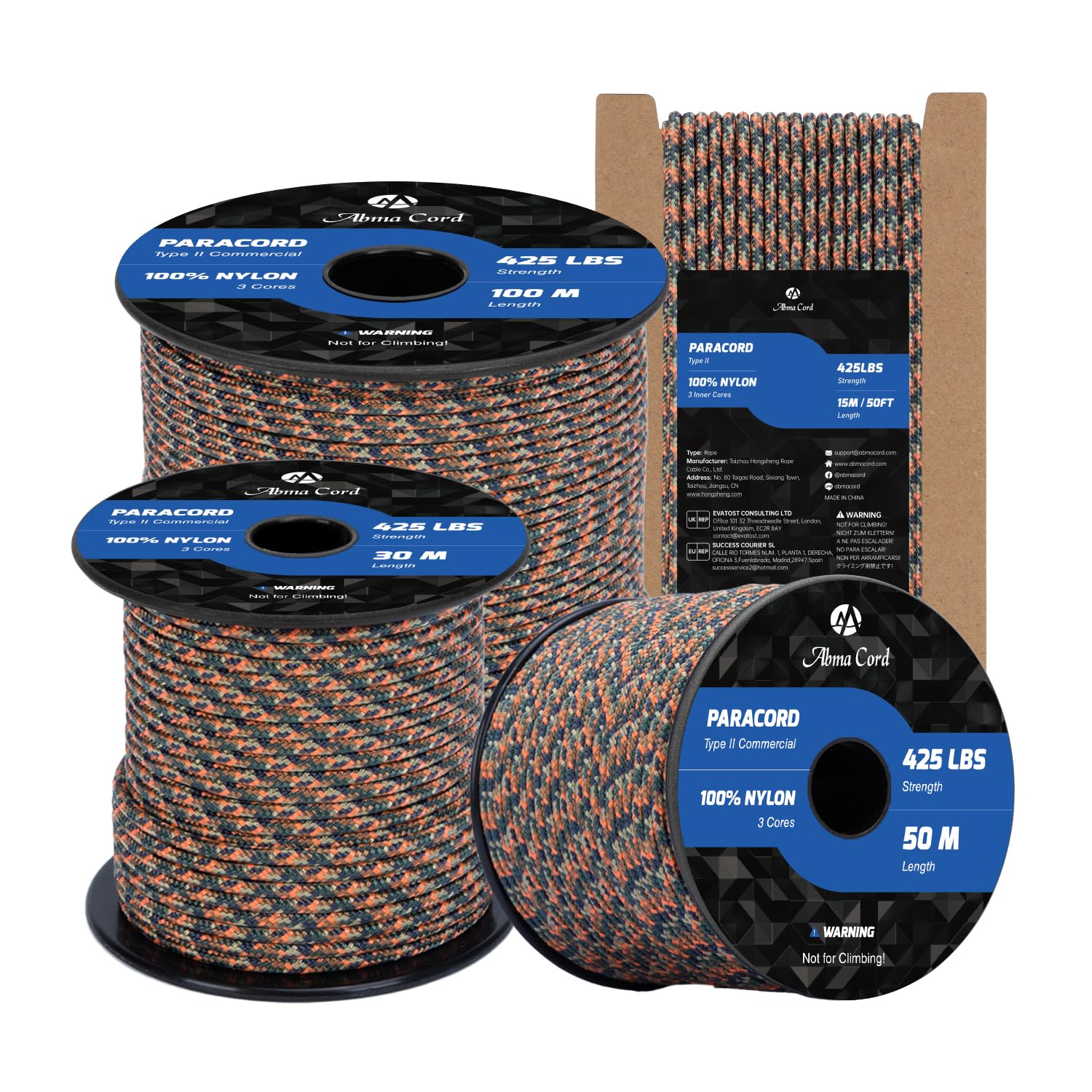 Abma Cord Paracord 3mm 100m 100% Nylon Rope Type II 3 Strands Parachute Cord - Max. 192kg (425lbs) - Blitz