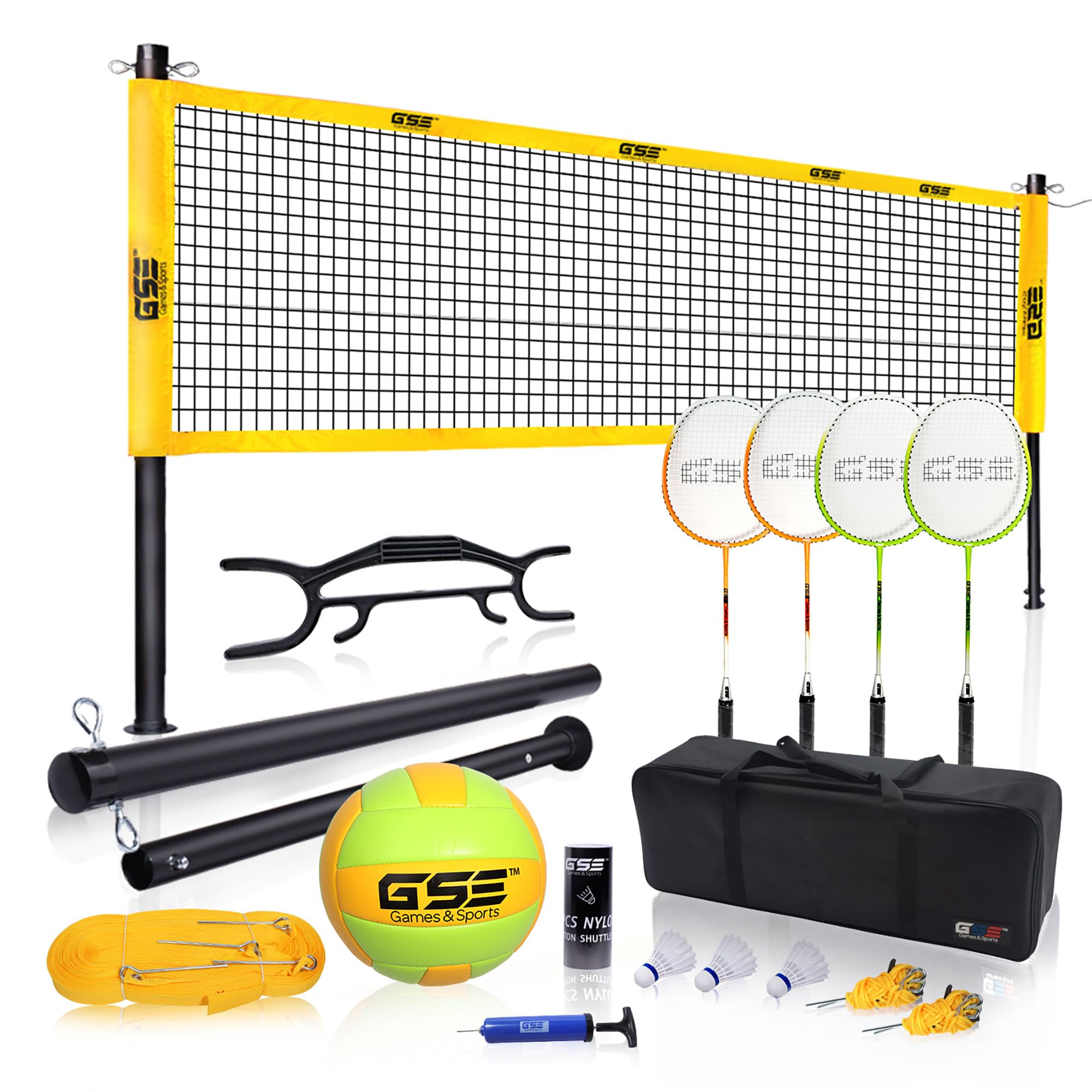 GSE Games & Sports Expert Outdoor Yard Sports Net Game Set for Backyards, Parks, Beach, Lawn. Volleyball Set, Badminton Set OR Volleyball & Badminton Combo Set Available