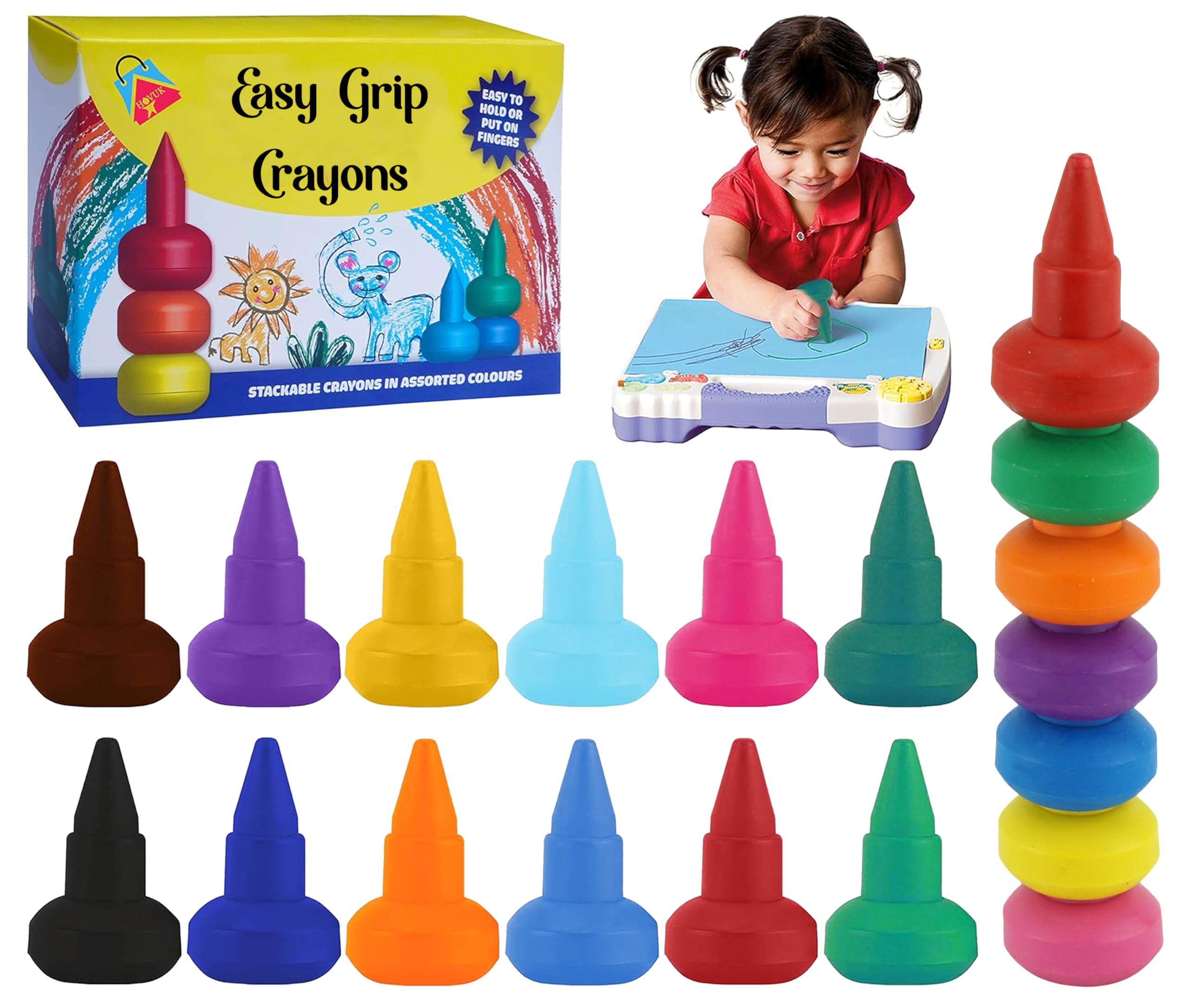 HOVUK 19Pcs Easy-Grip Non-Toxic Washable Crayons for Kids, Stackable, Eco-Friendly, Safe Easter Crayons for Toddlers 12+ Months - Art Supplies for Drawing, Crafts & Gifts