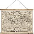 XIAOAIKA Vintage 17th Century World Map Print on Linen with Wooden Hanger, Retro Double Hemisphere Wall Decor for Home and Office, Amsterdam Edition, 29 x 20 Inches