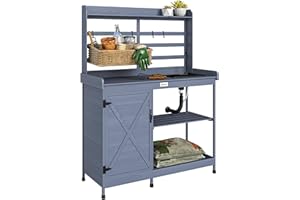 Outsunny Outdoor Wooden Potting Bench Table with Sink and Water Tap, Garden Workstation with Storage Cabinet, Storage Shelves for Backyard, Patio, Balcony, Gray