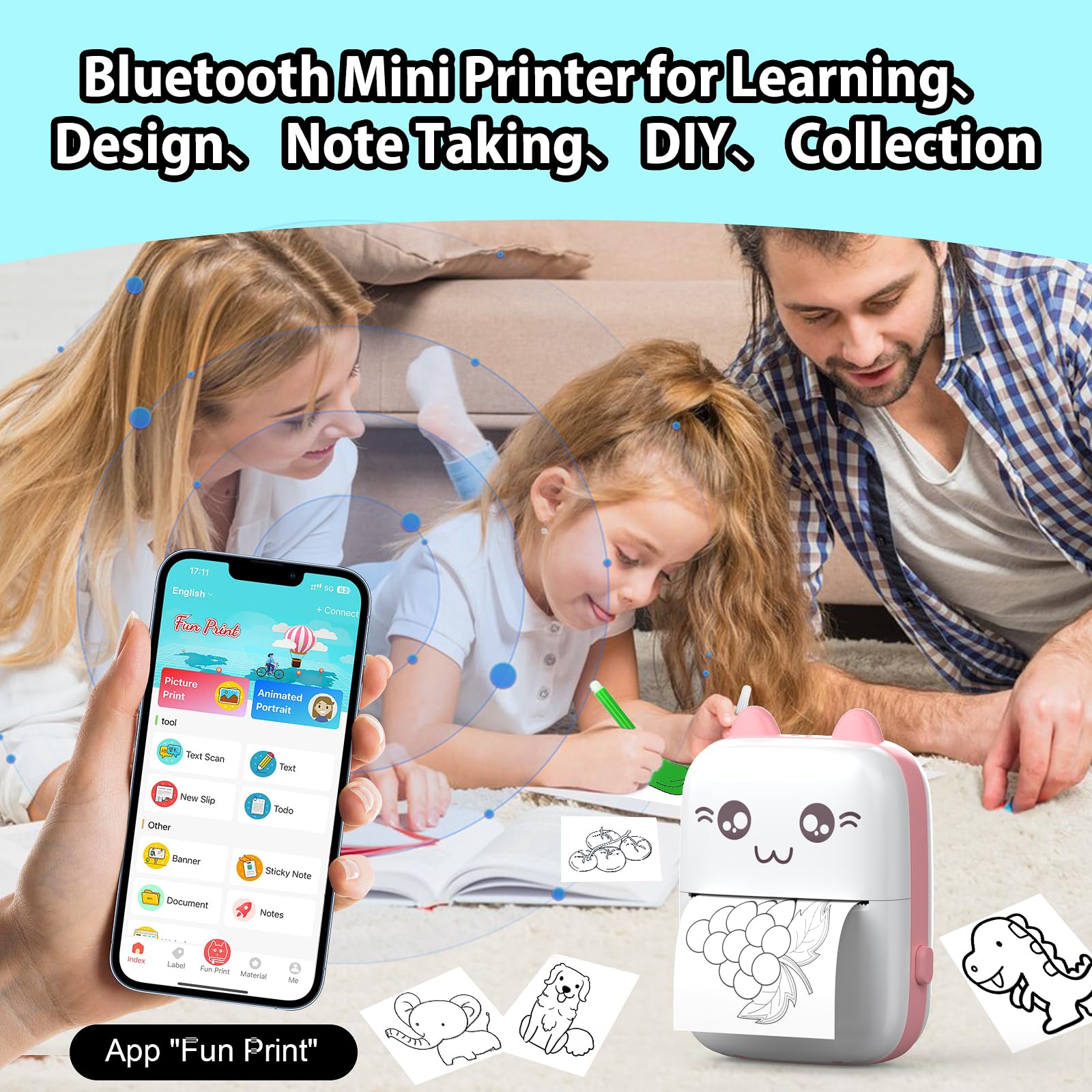 HuiJuKeJi Mini Sticker Printer Cat Bluetooth Smart Pocket Inkless Thermal Printer with 7 Rolls Thermal Paper and Sticker for iOS&Android, Portable Receipt Printer for Photo Journal Notes Memo - Pink