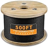 T316 Black 3/16“ Stainless Steel Cable 500ft Wire Rope 7x19 Strands Marine Grade Aircraft Cable 3700lbs Breaking Strength, Cable for Stair Fence Porch Deck Cable Railing, Clothesline & Yard Zipline