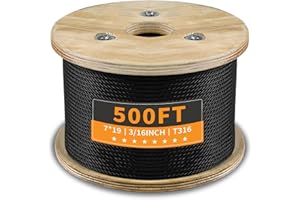 UYENSEOY T316 Black 3/16“ Stainless Steel Cable 500ft Wire Rope 7x19 Strands Marine Grade Aircraft Cable 3700lbs Breaking Strength, Cable for Stair Fence Porch Deck Cable Railing, Clothesline & Yard Zipline