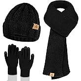 Winter Beanie Hat Scarf Gloves, Warm Fleece Knit Hat Long Scarf Neck Warmer Touch Screen Winter Gloves Set Gifts for Women