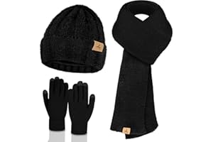 LOROME Winter Beanie Hat Scarf Gloves, Warm Fleece Knit Hat Long Scarf Neck Warmer Touch Screen Winter Gloves Set Gifts for Women