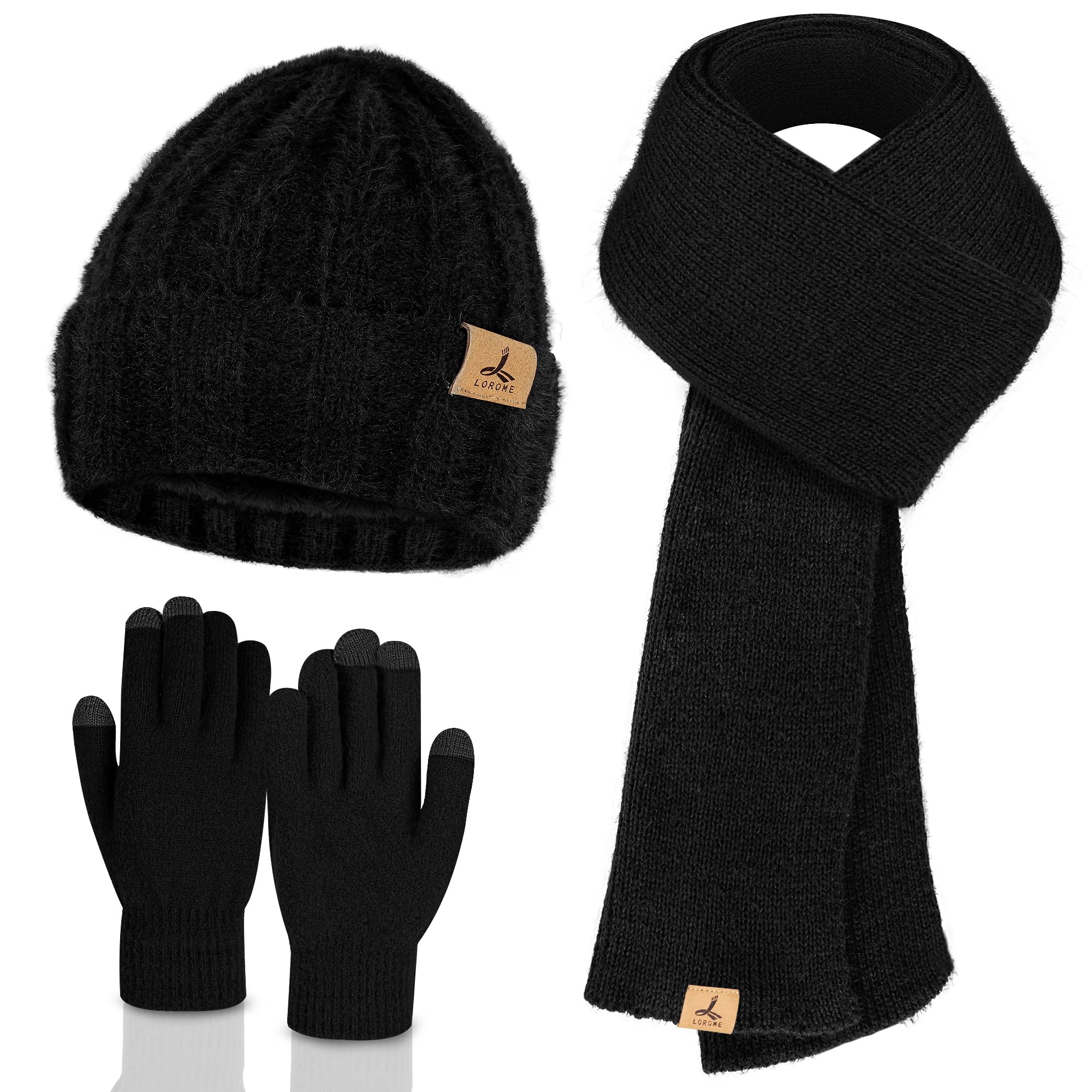 Photo 1 of Winter Beanie Hat Scarf Gloves, Warm Fleece Knit Hat Long Scarf Neck Warmer Touch Screen Winter Gloves Set Gifts for Women Black
