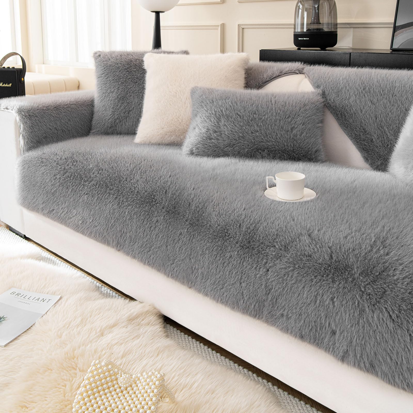 ShowyLive Soft Velvet Sofa Cover 1 2 3 4 Seater Non-Slip Couch Sofa Slipcovers Sofa Cushion Covers Sofa Protectors from Pets/Kids/Dogs (Grey, 35 * 63 inch)