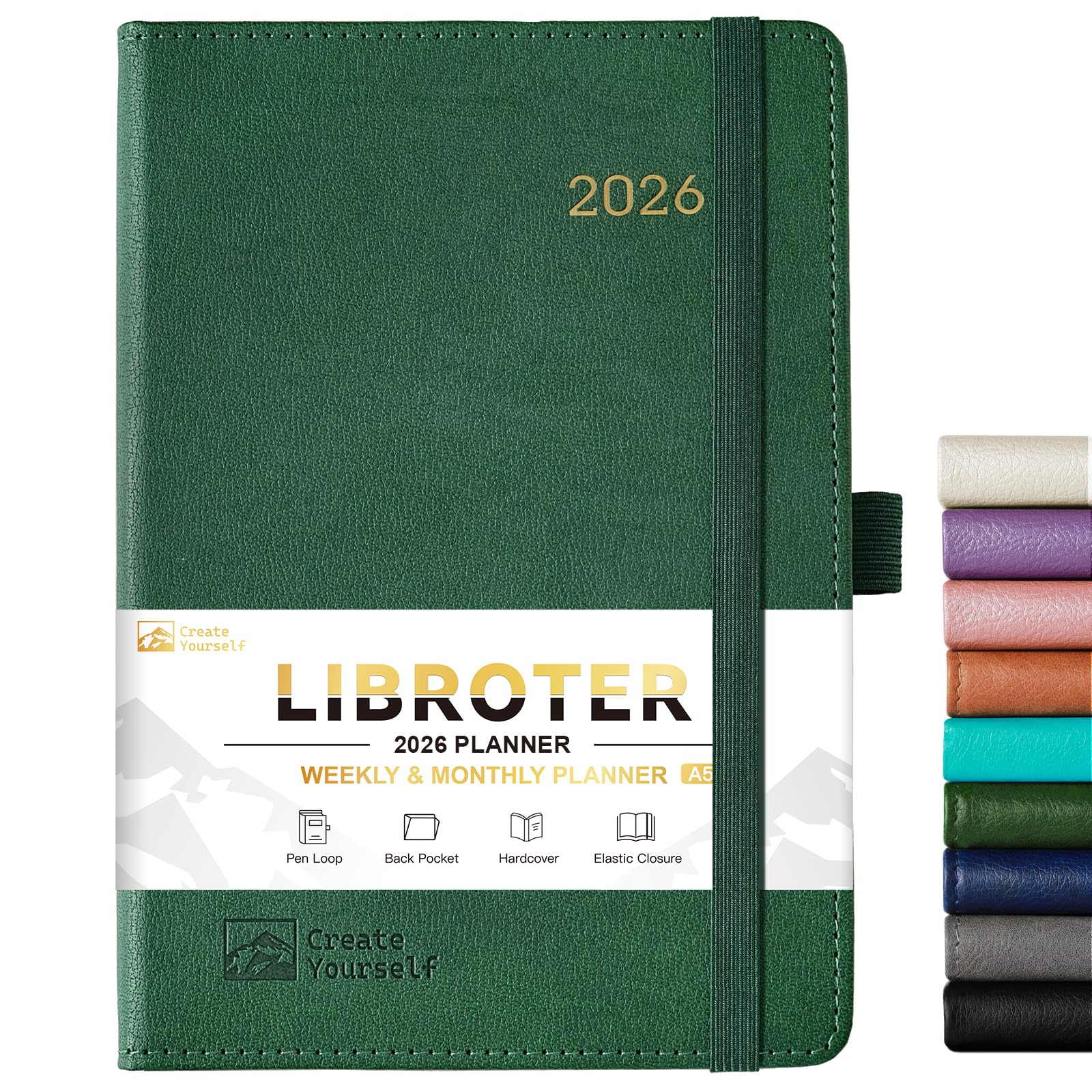 Photo 1 of 2026 Planner - Planner 2026, 2026 Weekly Monthly Planner, Jan.2026 - Dec.2026, 5.7'' x 8.4'', Thick Paper, Leather Cover, Pen Holder, Back Pocket, Bookmarks, Perfect Daily Organizer - Dark Green