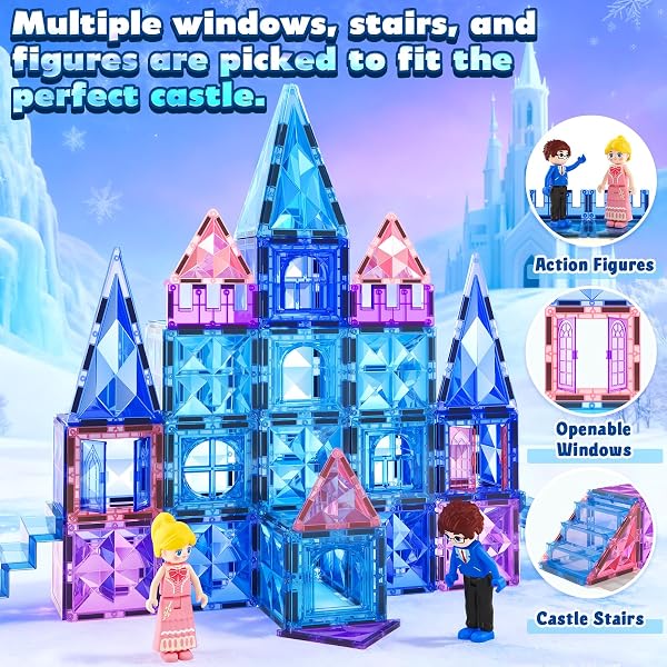 MAGNETIC TILES 102PCS WITH 2 STAIRS 2 DOLLS PRINCESS CASTLE BUILDING GIRLS TOYS AGE 4-5 6-8 MAGNETIC BLOCKS BIRTHDAY XMAS GIFTS FOR GIRLS TOYS FOR 3 4 5 6 7 8+ YEAR OLD