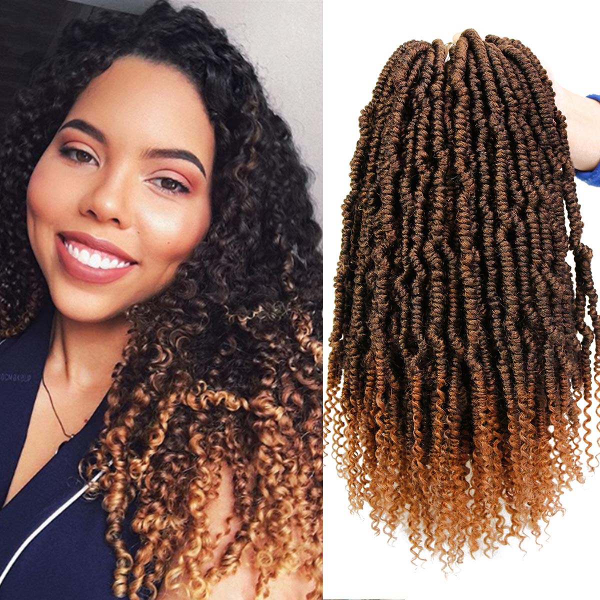 6 Packs Bomb Twist Hair Ombre Colors Nubian Twist Jamaican Bounce Prelooped Crochet Braids Synthetic Fluffy Hair Extension(14Inch,T1B/30#)