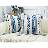 PANOD Chenille Farmhouse Throw Pillow Covers 18 x 18 Blue, Neutral Boucle Couch Pillow Cover, Striped Decorative Boho Coushion Cover Pillow Case for Couch Bed Sofa Bedroom,Modern Accent,Set of 2