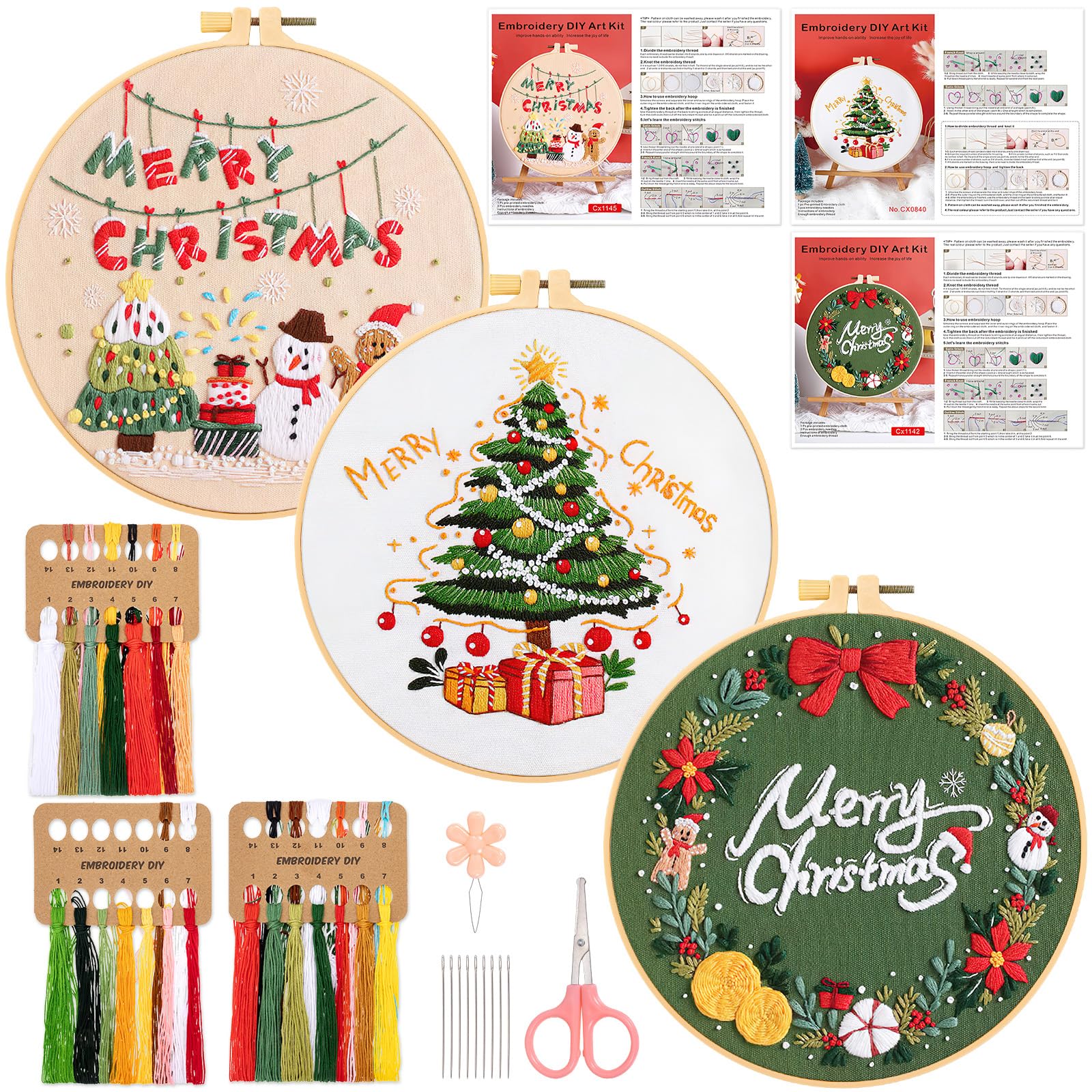 JSRQT 3 Sets Christmas Embroidery Starter Kit for Adults Beginners,Stamped Cross Stitch Kit,DIY Handmade Sewing Needlepoint Kits with Embroidery Hoops and Needles Threads