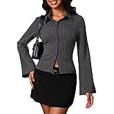 Women Striped Fitted Button Down Shirts Bell Long Sleeve Shirt Office Work Blouse Tops