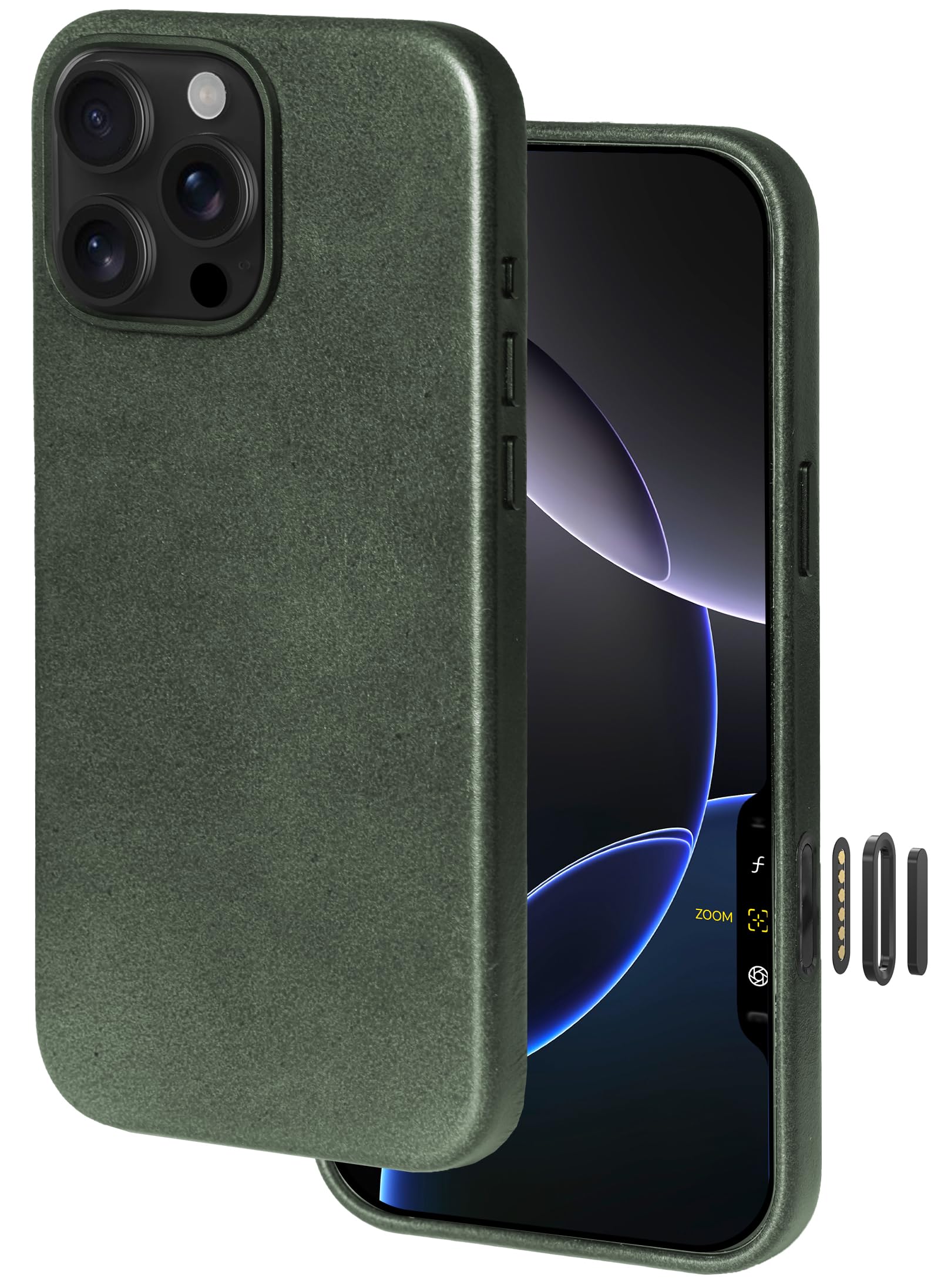 Le Pelle - Handcrafted Premium Italian Leather Case for iPhone 16 Pro - [Built-in Camera Control] - Compatible with Magsafe - Two-Tone Effect with Unique Patina Over Time - Emerald Green