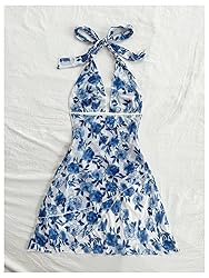 BEAUDRM Women's Floral Print Sleeveless Halter Deep