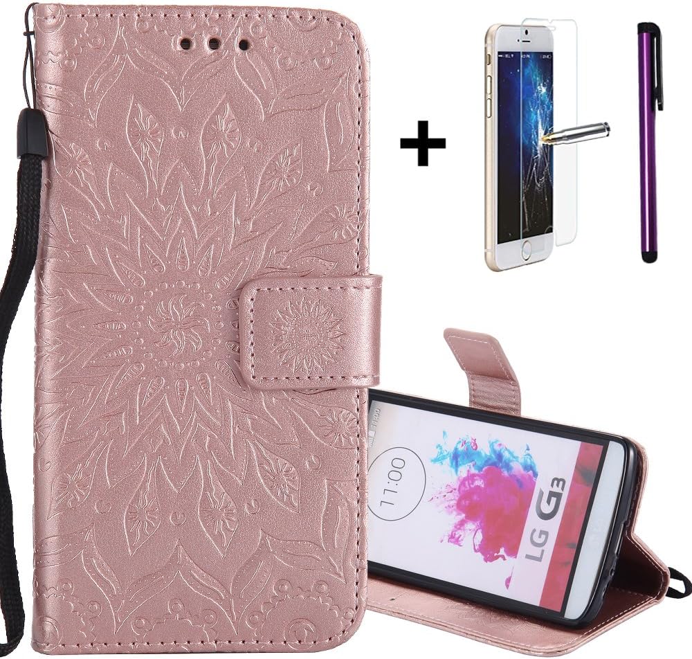 LG G3 Wallet Case Cover [With Free Tempered Glass Screen Protector + 1 Stylus Pen] NEWSTARS Premium Soft PU Leather Notebook Wallet Embossed Mandala Florals Sun Flower Design Case Kickstand Function Card Holder Slot & Wrist Strap Slim Flip Protective Skin Cover Phone Case for LG G3 5.5". KT- Mandala Rose Gold