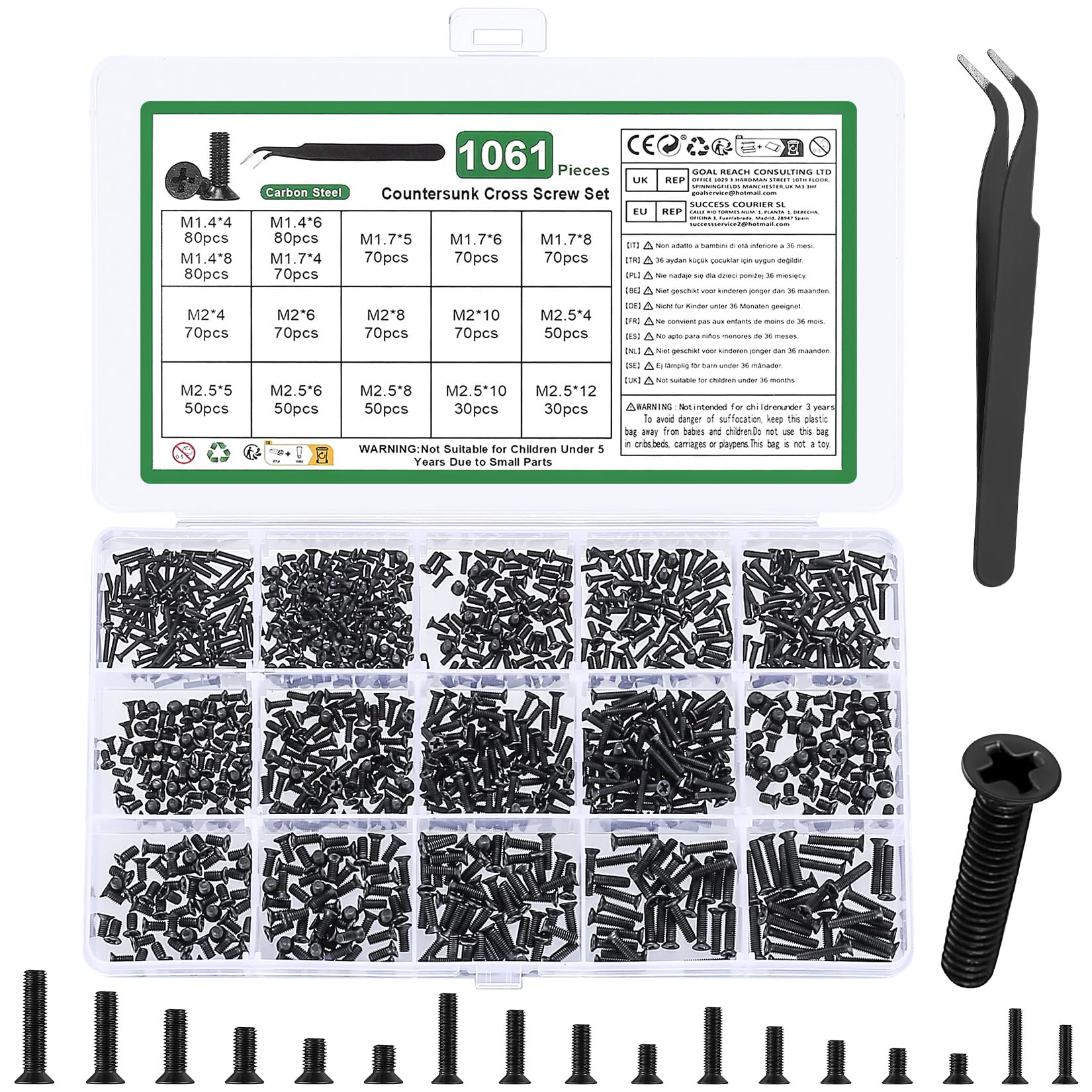 Photo 1 of 1060 Pcs Small Laptop Screws Kit, Micro Flat Head Phillips Countersunk Bolts, Replacement Computer Screws Assortment Kit for Electronic SSD Hard Disk PC Screw, M1.4 M1.7 M2 M2.5, with Tweezers
