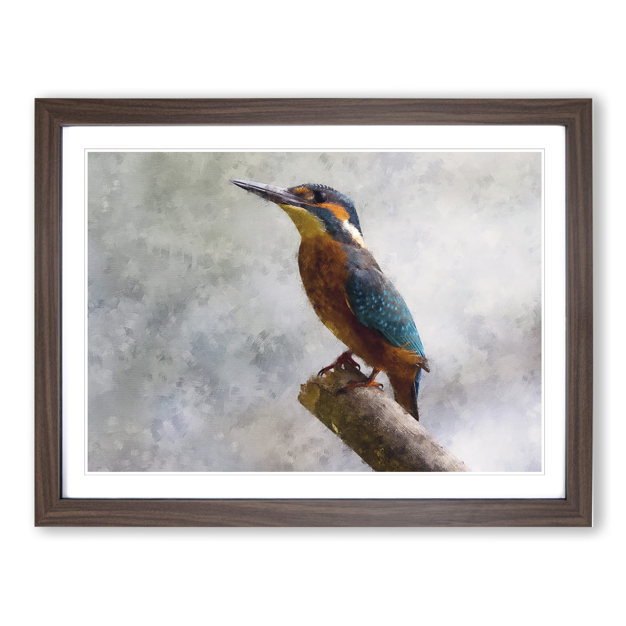 Graceful Kingfisher Bird Painting Modern Art Framed Wall Art Print, Ready to Hang Picture for Living Room Bedroom Home Office Décor, Walnut A4 (34 x 25 cm)