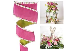 HUIHUANG Hot Pink and Lime Dupioni Wired Ribbon with Striped Border 2.5 Inch Wide 10 Yards Easter Ribbons for Easter Basket Floral Arrangement Bunny Decor Spring Holiday Wreath DIY Crafts