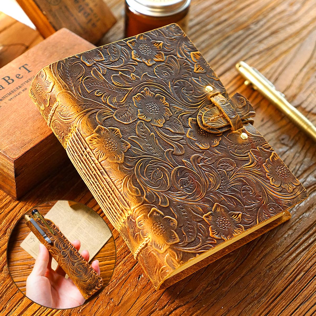 Wonninek Journal Notebook Full Grain Leather 400 Pages Hand-Stitched Genuine Leather Sketchbook Writing Journal Gifts for Man Artist, Travel, Artist