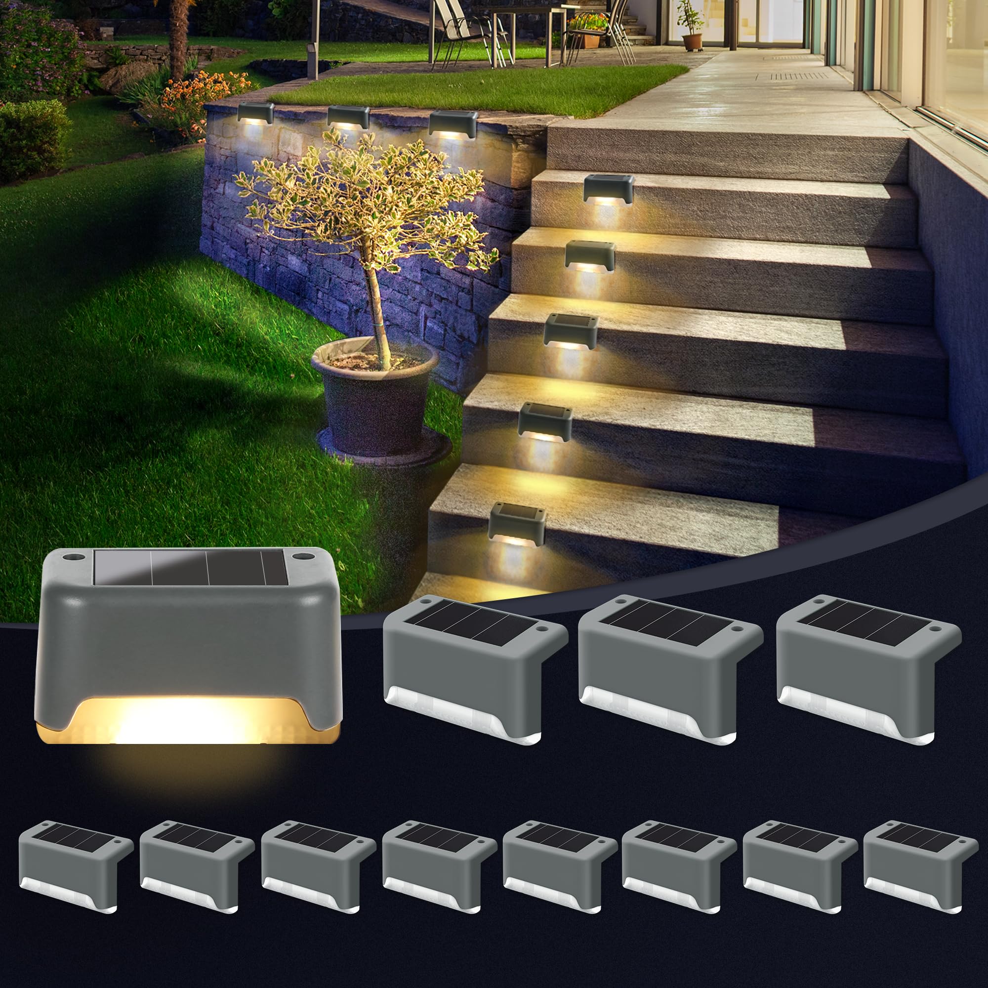 GIGALUMI Solar Fence Lights Outdoor Garden, 12 Pack Solar Step Lights, Waterproof Deck Decorative Lighting for Stairs, Yard, Patio, Gutter, Garden, Pathway Decoration (Grey, Warm White)