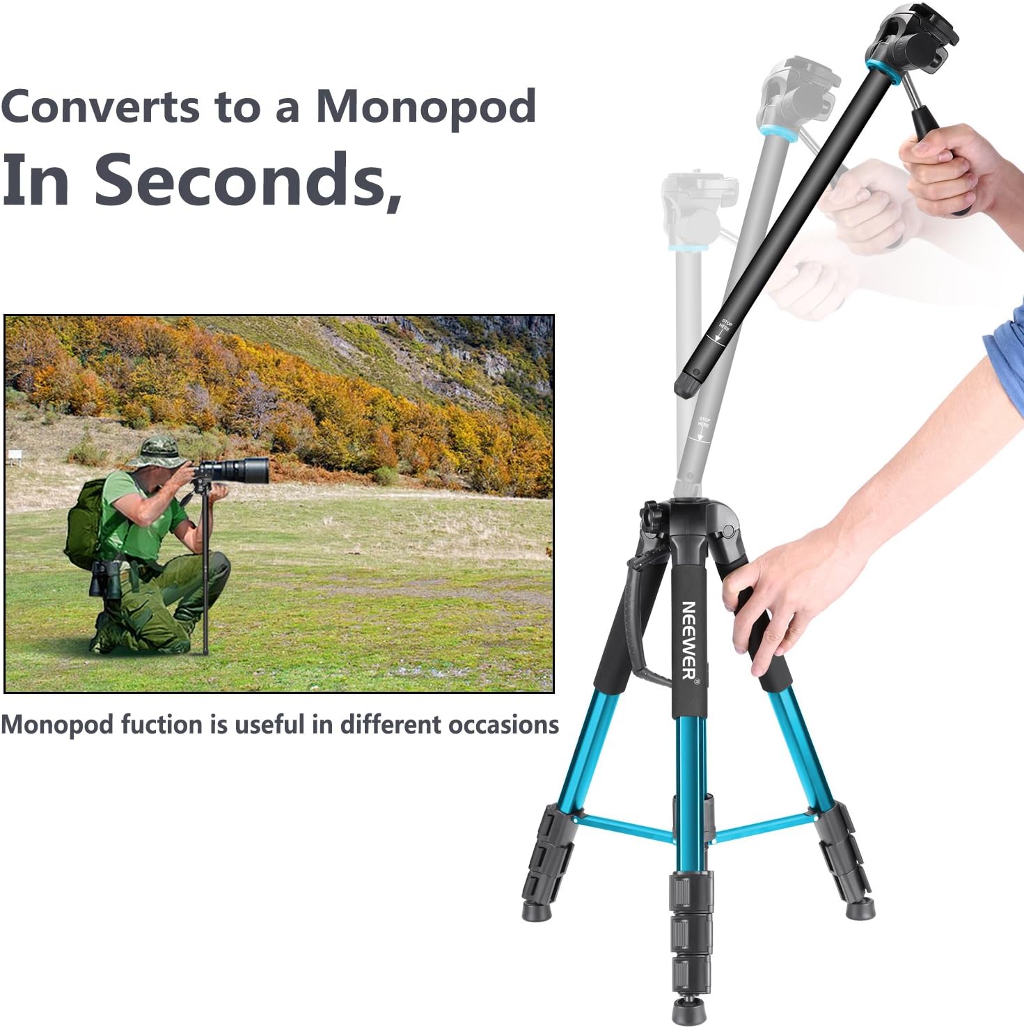 Neewer Portable 70 inches/177 centimeters Aluminum Alloy Camera Tripod Monopod with 3-Way Swivel Pan Head, Bag for DSLR Camera, DV Video Camcorder, Load up to 8.8 pounds/4 kilograms Blue(SAB264) : Camera & Photo