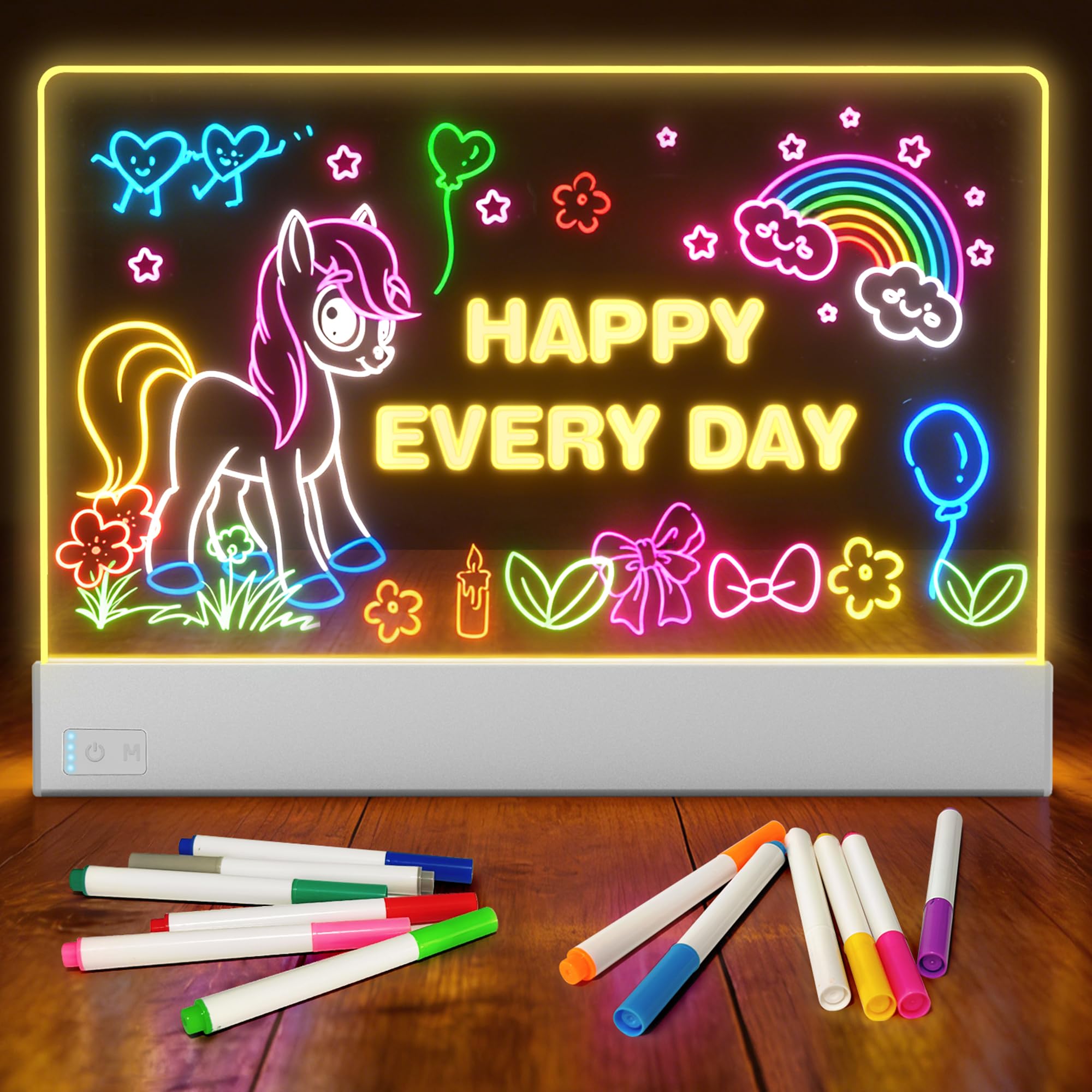 LED Note Board,15.5 Inch Rechargeable LED Drawing Board for Kids, 7 Colors Acrylic Dry Erase Board with Light, Stand and 12 Markers for Home, Office, Birthday and Christmas Gifts