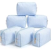 Sanwuta 6 Pcs Seersucker Cosmetic Bags Bulk Seersucker Makeup Bags Stripe Women Pouch Large Preppy Storage Pouch Toiletry Travel Organizer for Wedding Bridesmaid Bride Favor Mom Gift (Blue)