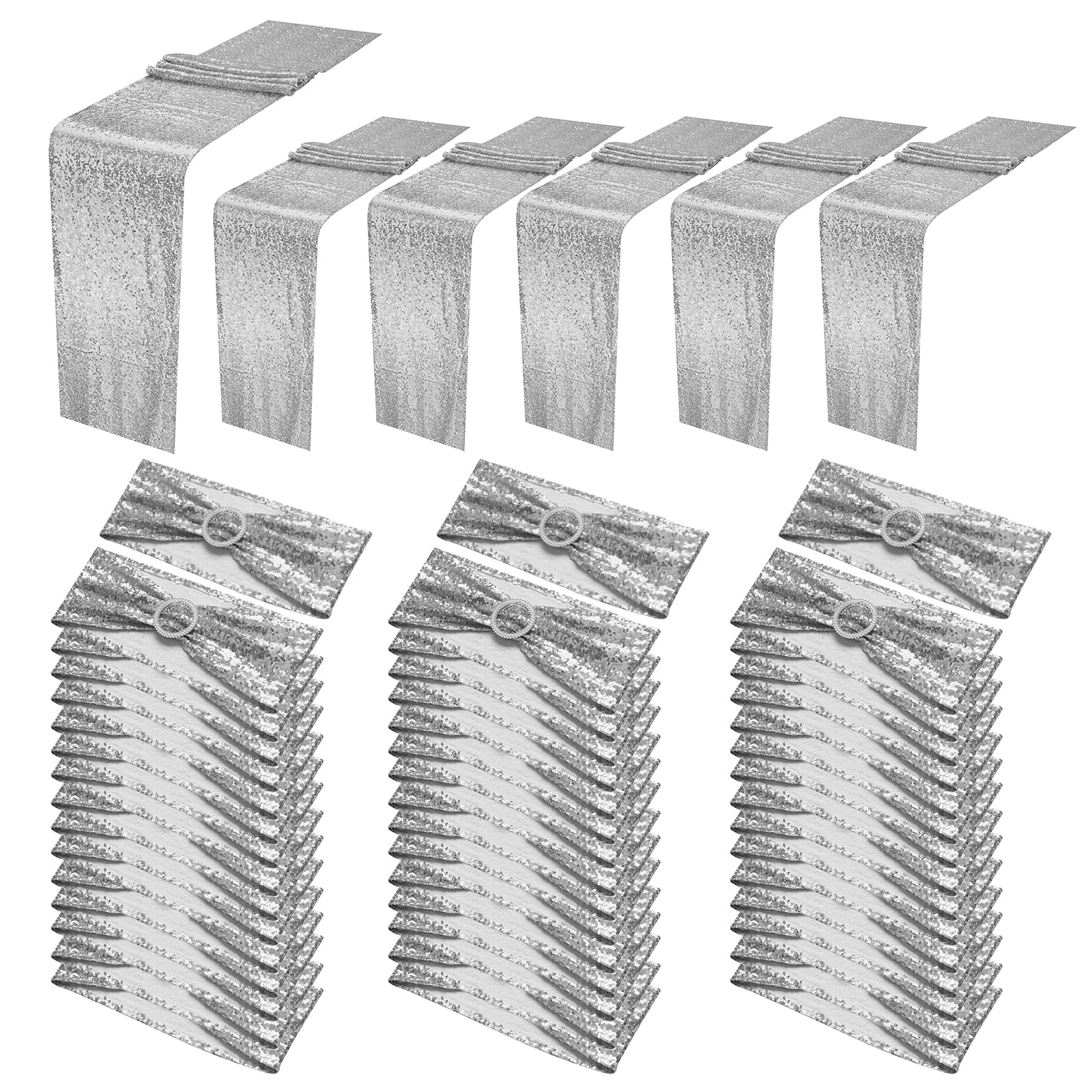 Photo 1 of 54 Pieces of Silver Sequin Chair Ribbons and Table Runners, 48 ??Sequin Chair Bows, 6 Glitter Table Runners, Suitable for Wedding Parties Birthday Meeting Events Decorations (Silver)