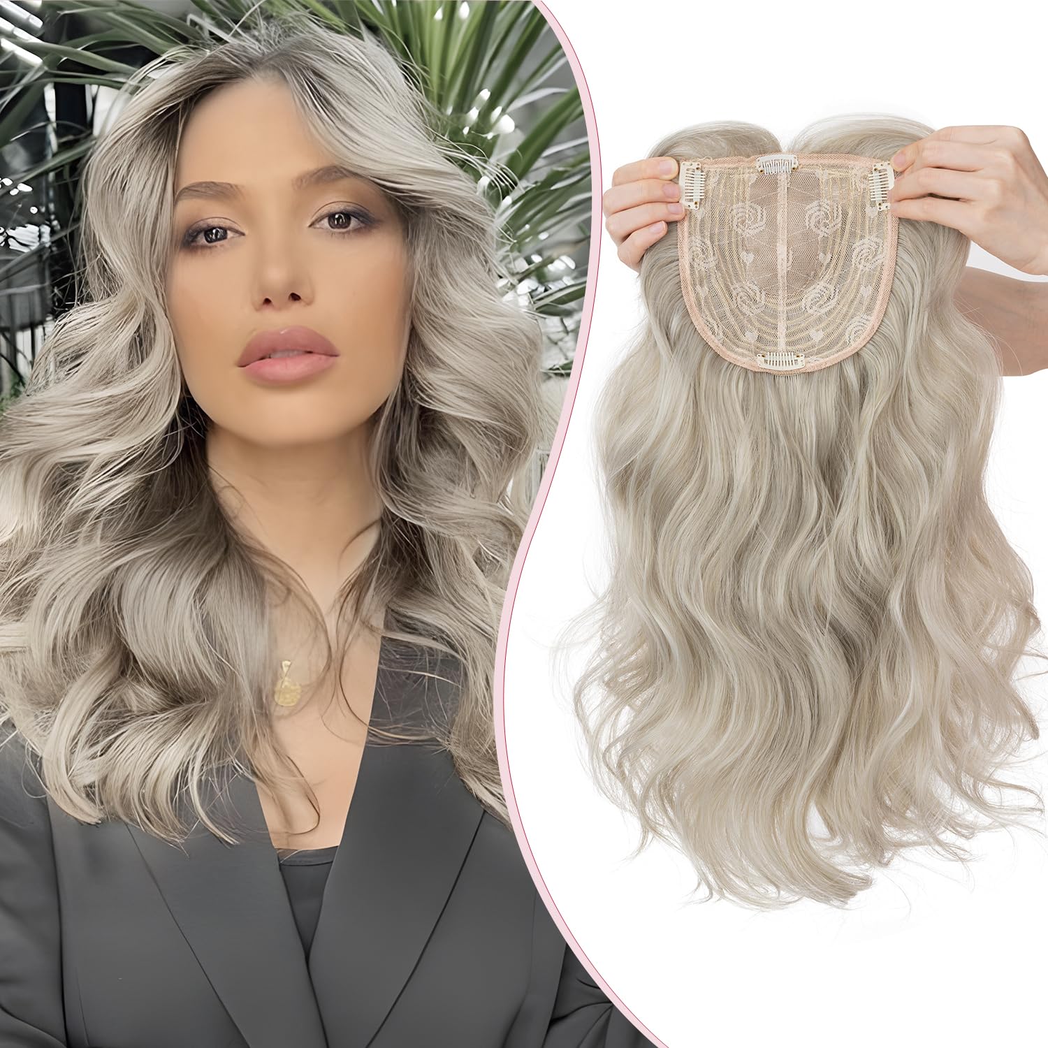 S-noilite Hair Toppers for Women 18 inch Synthetic Hair Pieces Lace Base Toppers 4 Clips in Wiglets Fringe for Ladies with Thinning Hair Loss Hair Extensions Wigs,Curly Wavy Silver Blonde Mixed