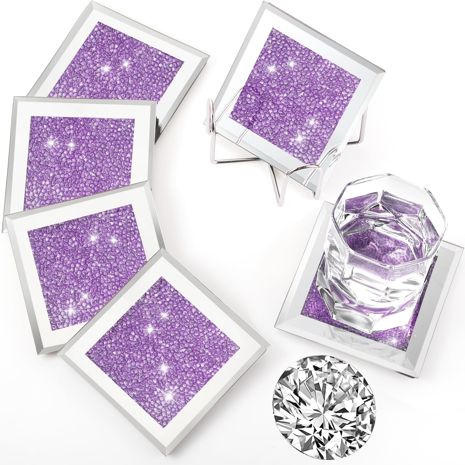 Jetec Crushed Diamond Home Decoration Glass Coaster Set of 6 with 1 Holder, Crystal Mirrored Diamond Coasters Housewarming Gifts for Home Kitchen Bar Table(Purple) — image 1