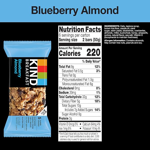 KIND BREAKFAST BARS, BLUEBERRY ALMOND, HEALTHY SNACKS, GLUTEN FREE, 100% WHOLE GRAINS, 3G PROTEIN, 6 COUNT