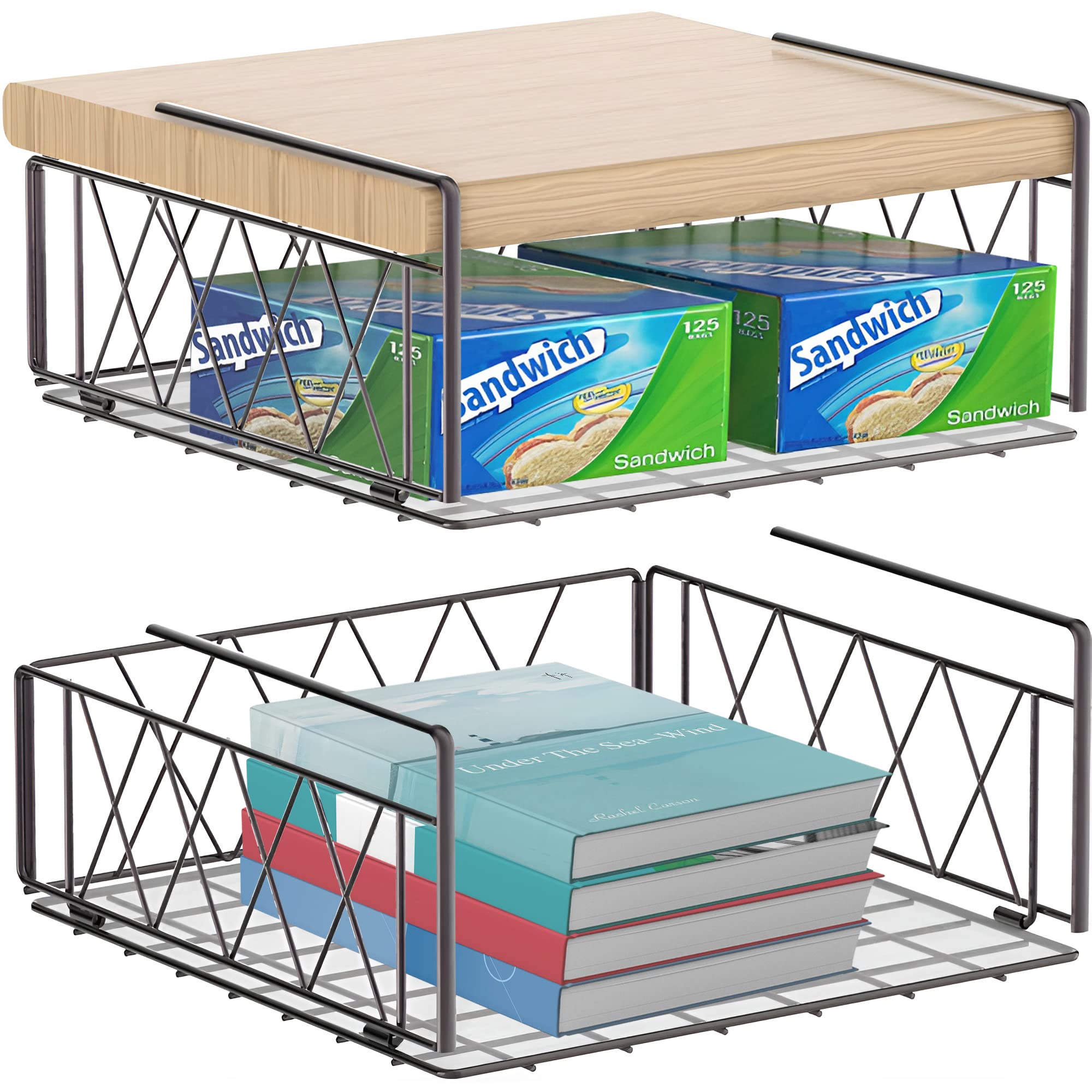 Under Shelf Storage Basket, Hanging Cabinet Storage Basket Organizer, Metal Wire Basket Shelves for Kitchen, Office, Pantry, Bathroom (Bronze, 2pcs) (Bronze)