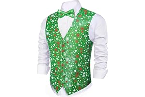BARRY.WANG Barry. Wang Mens Christmas Vest with Snow/Snowman/Christmas Tree Red/Green Holiday Waistcoat Bowtie Set Party Halloween