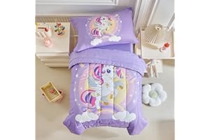 UOZZI BEDDING 4 Pieces Toddler Bedding Set for Girls Purple Unicorn Toddler Bed Set - Cartoon Stars Rainbow Print Cute Princess Bed in a Bag - 1 Baby Comforter 1 Fitted Sheet 1 Flat Sheet 1 Pillowcase