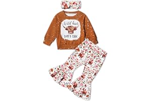 Ribabz Toddler Girl Clothes, Girls Outfits Long Sleeve Crewneck Highland Cow Print Pullover Flared Pants Girls' Clothing Sets