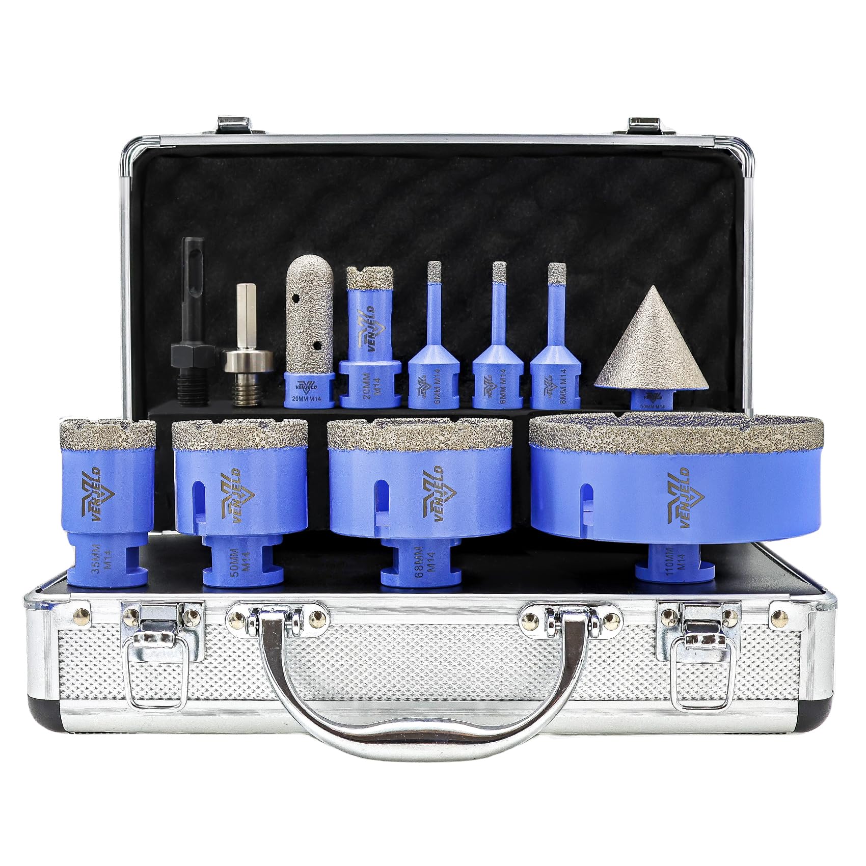 Diamond Drill Bits Set 12Pcs - 6/6/8/20/35/50/68/110mm Tile Hole Saw Kit, 20mm Finger Bit, 50mm Beveling Chamfer Bit, SDS/Hex Shank Adapter for Porcelain Tile Ceramic Granite Marble Dekton — image 1