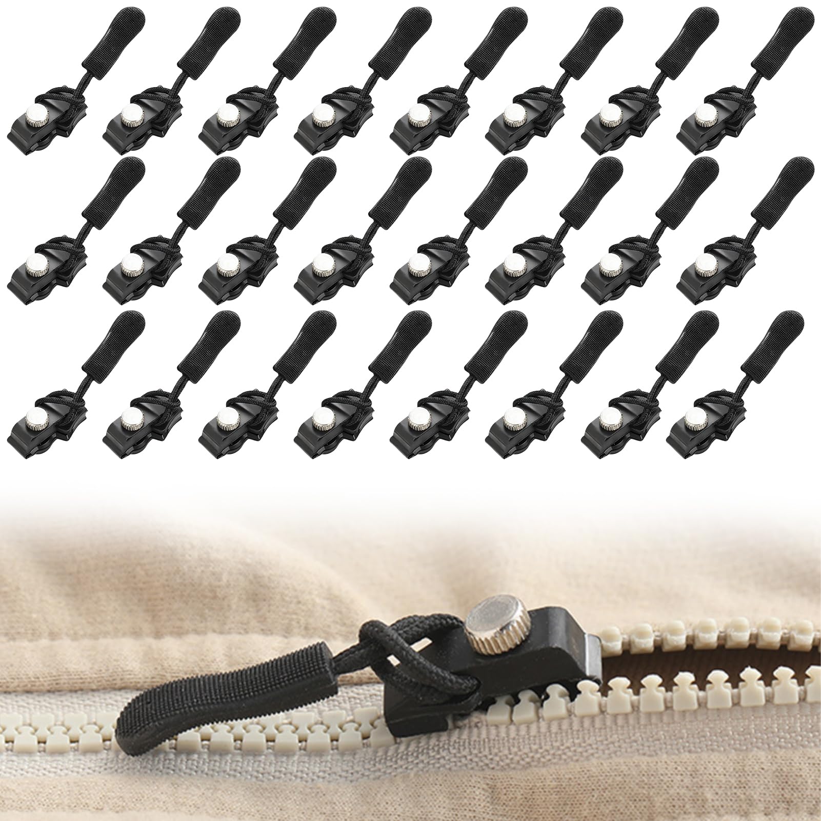 Photo 1 of 24pcs Zipper Repair Kit Black Universal Zipper Slider Replacement 3 Different Size Zippers Fix Repair Kit for Backpack, Jackets, Coats, Tents, Luggage, Bags