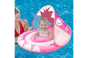 CAMLINBO Shark Shape Baby Swimming Pool Float Ring with Removable Sun Canopy Safety Seat, Newest Inflatable Babies Spring Floatie Double Airbag Swim Trainer Newborn Infant Toddler, 6-36 Months