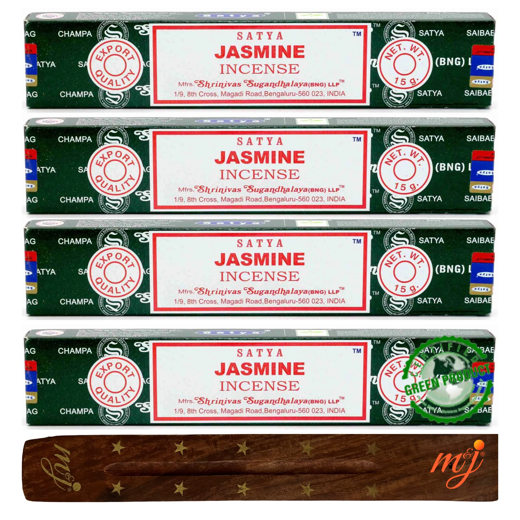 Original Satya Nag Champa Jasmine Incense Sticks | with M&J incense sticks holder | x4 pack | for Aromatherapy, Spa, Yoga, Weddings, Meditation, Healing, Positivity and Relaxation — image 1